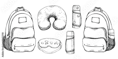 Ink hand drawn vector graphic outline sketch.Tourist set of accessories backpack rucksack bag, vacuum flask, sleeping mask and pillow. Tourism, travel, brochure, wedding, guide, print, card tattoo.