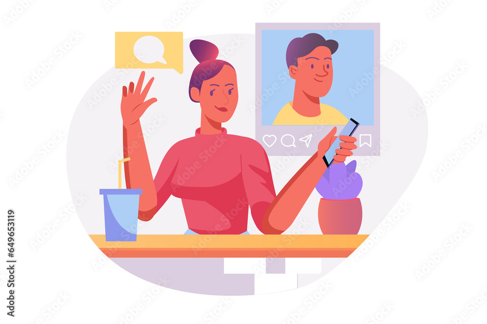 Social network Asian concept with people scene in the flat cartoon style. Girl looks at a guy's photos in one of the social networks. illustration. Social network Asian concept with people scene in the flat cartoon style. Girl looks at a guy's photos in one of the social networks. illustration.