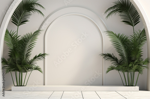 3d arches and two palm leaves on the pot background for display products with podium on beige wall. 3d minimal podium and scene. copy space © Strabiliante