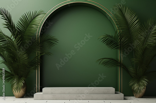 3d arches and two palm leaves on the pot background for display products with podium on green wall. 3d minimal podium and scene. copy space
