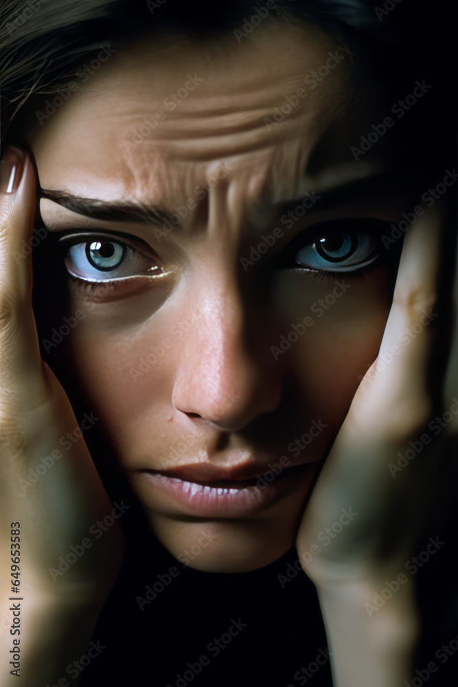 Fototapeta premium A very close up of the face of a worried woman holding her head.genetarive ai