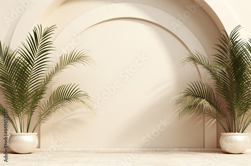 3d layered arches and two palm leaves on the pot background for display products with copy space on beige wall. 3d minimal podium and scene.