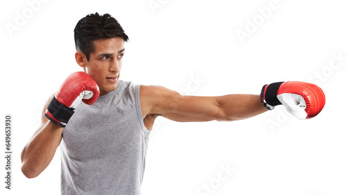 Isolated boxer man, punch and fitness with power, training and performance for fight by transparent png background. Martial arts, mma expert or athlete with gloves, exercise and profile for contest