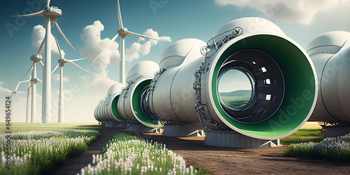 A hydrogen pipeline with wind turbines and in the background. Green hydrogen production concept. Generative AI. photo