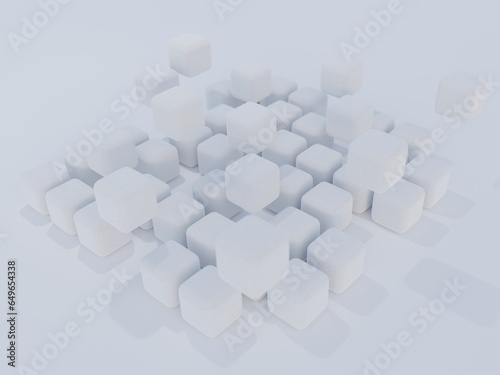 Abstract white background with textured cubes lying on the surface and floating in the air. 3D illustration with bokeh effect.