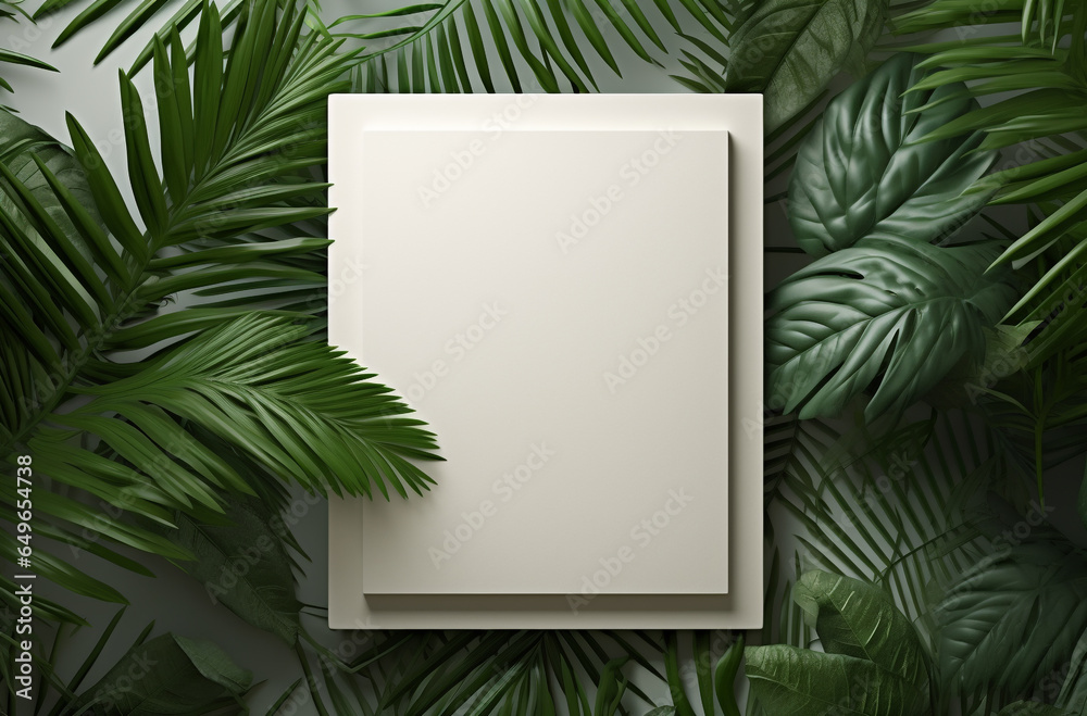 White Frame Background with copy space and tropical green palm leaves. top view White Frame Background with copy space and tropical green palm leaves. top view