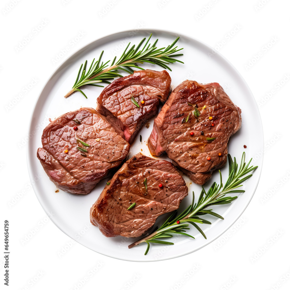 beef steaks with rosemary in a plate isolated on transparent background Remove png, Clipping Path