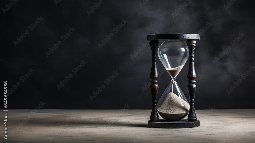 Black hourglass on a wooden table with old gray concrete. - obrazy, fototapety, plakaty 