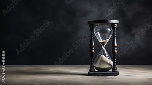 Black hourglass on a wooden table with old gray concrete.