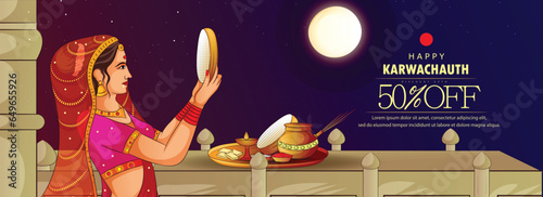 creative happy karwa chauth festival celebration illustration sketch with decorative moon and puja thali.
