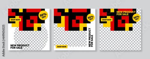 Free Download Set of Editable minimal square banner template. Black, red and yellow background color with stripe line shape. Suitable for social media post and web internet ads. - GFXLoad