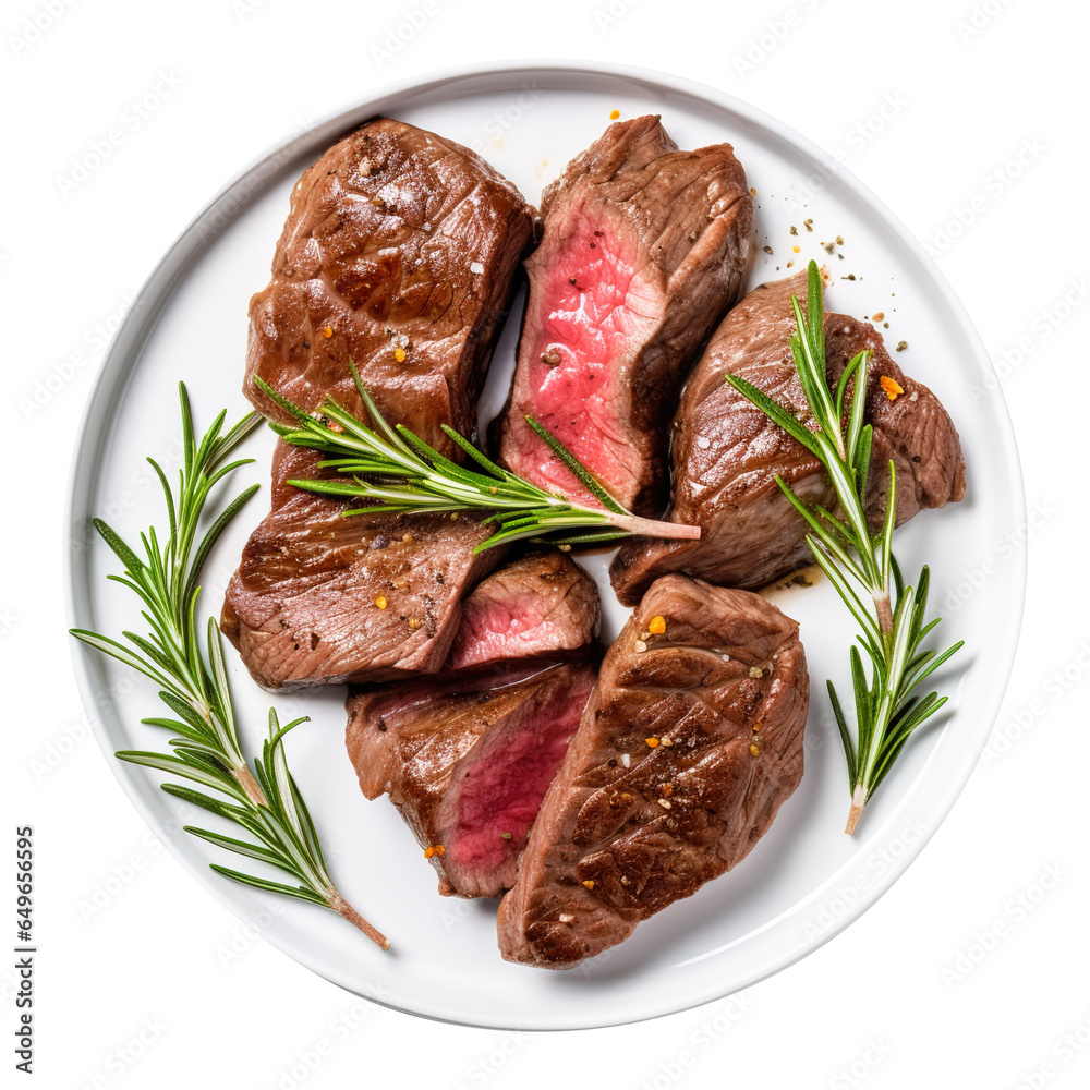 beef steaks with rosemary in a plate isolated on transparent background Remove png, Clipping Path