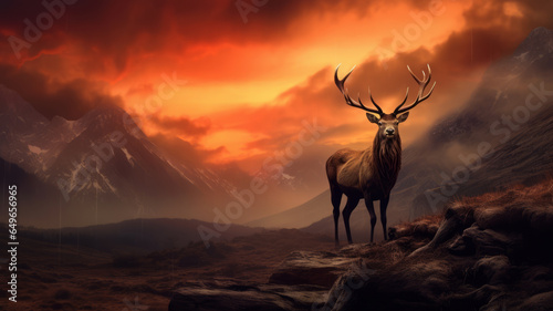 Dramatic sunset with beautiful sky and red deer stag looking strong and proud. © LomaPari2021