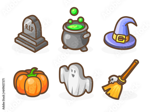 Game or just casual icons for your app Halloween themed. Bright remarkable UI elements. Good for animation. Broom, ghost, pumpkin and others. Vector illustration for your business.