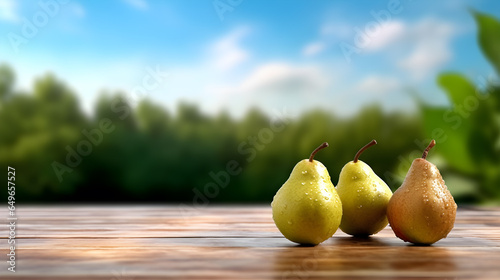 Fresh pears on wooden table and blurred organic farm on the background, space for display product.