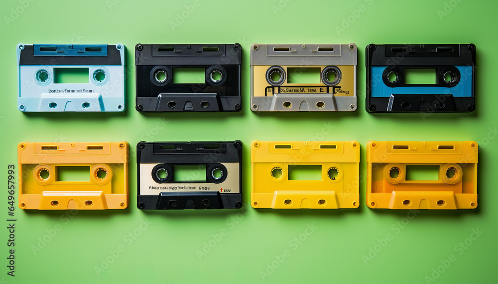 Obraz premium old school cassette tapes in a row on lime green background.generative ai