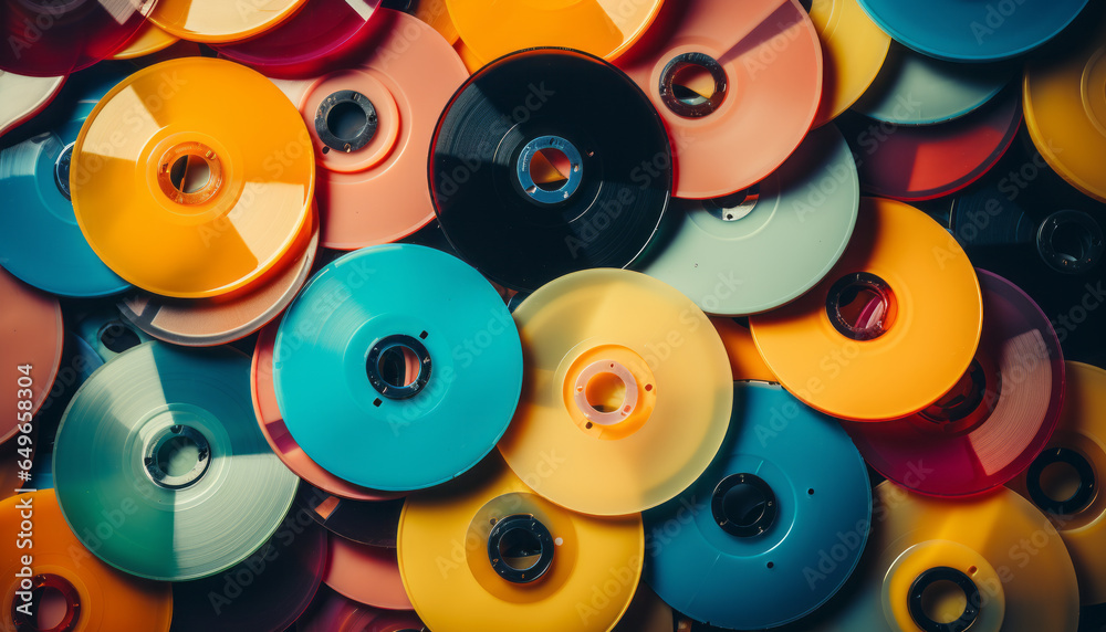 old school cd's in retro bright pastel colors yellow and blue background.generative ai old school cd's in retro bright pastel colors yellow and blue background.generative ai