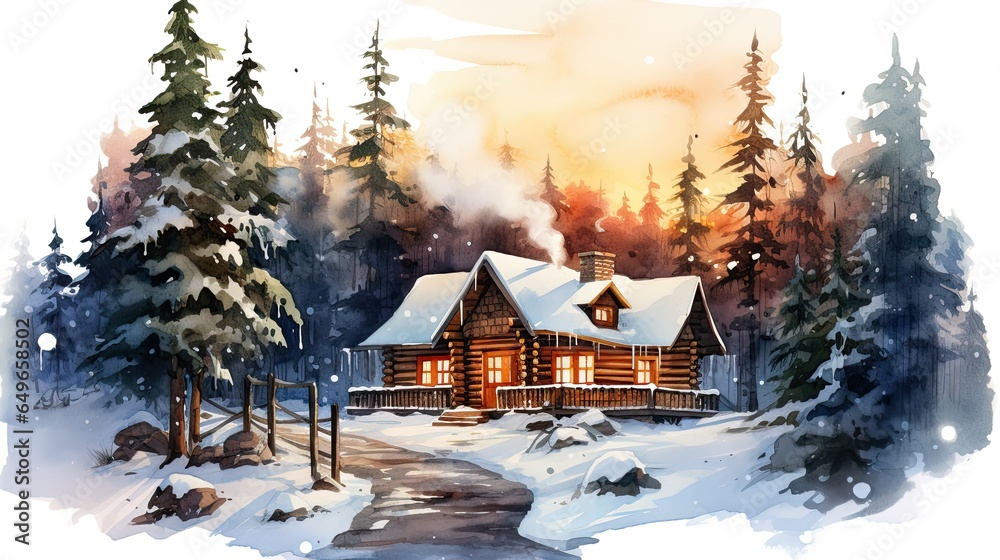 Rustic log cabin watercolor illustration - Generative AI. - obrazy, fototapety, plakaty 