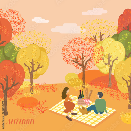 Autumn forest picnic. Happy couple sitting on a blanket. Fall scenery background with yellow trees, orange leaves. Hand drawn flat illustration.