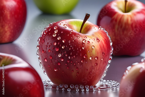 Fresh apples are soaked with water and look fresh and colorful.