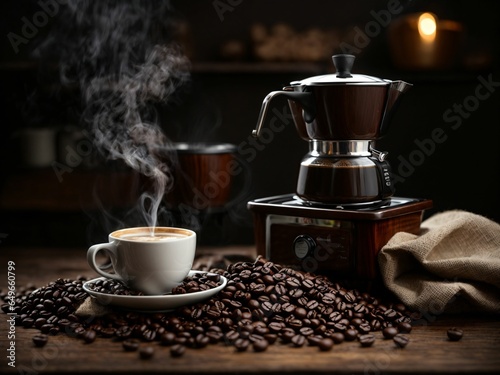 Image of coffee beans with a steaming coffee cup and an Italian coffee maker on a wooden table