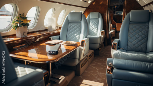interior of Luxury private vip business jet macro lens day white light generative ai