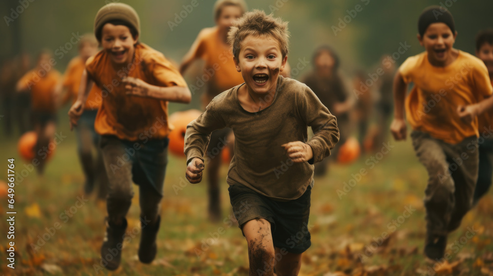 Fototapeta premium Dirty child boys runs across field towards camera