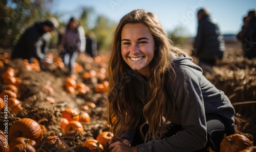 Teen girl helping to harvest pumpkins growing in field on sunny autumn day. Happy young woman picking pumpkins on Halloween.