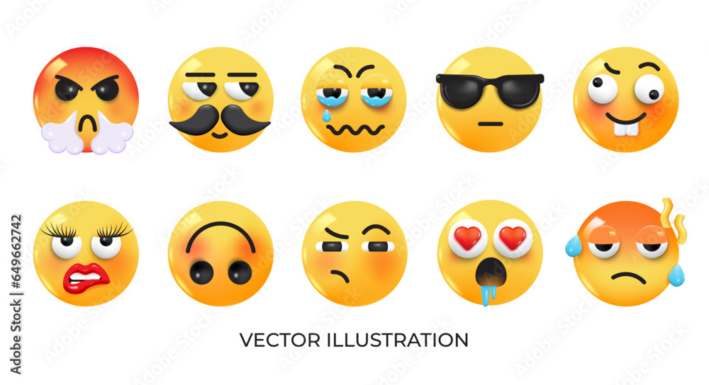 Obraz premium Set of Emoji icons. Realistic Yellow Glossy 3d Emoticons face on various topics. Pack 9. Vector 3d illustration