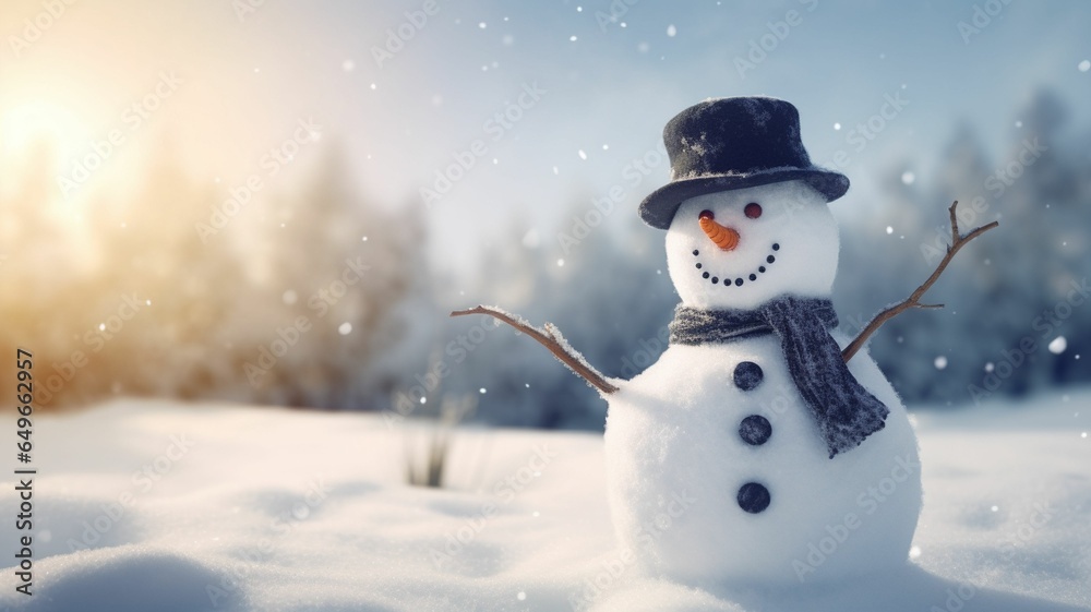 A cheerful and adorable snowman dressed in a black top hat and scarf stands on a snowy landscape. Christmas and New Year background