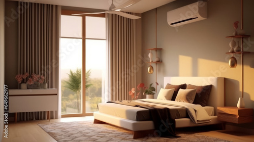Air conditioner in Stylish interior of bedroom.generative ai © LomaPari2021