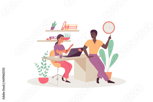 Deadline concept with people scene in the flat cartoon style. Two workers are trying to complete all the office tasks before the deadlines. illustration.