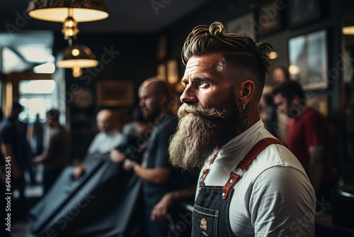 photograph of Barber man looking at the profile of his client.generative ai