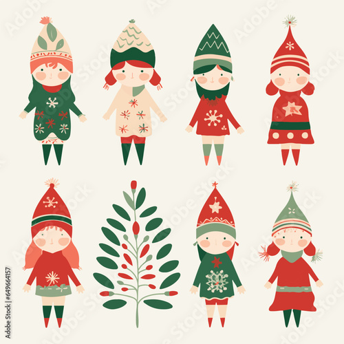 set of christmas elves, children, very simple flat design