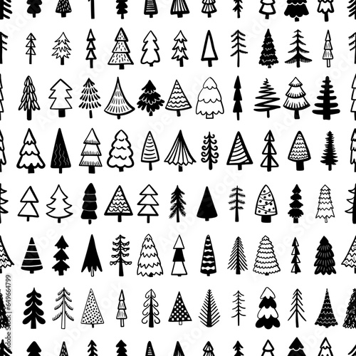 Seamless pattern background with  winter christmas trees, fir, pine, spruce. For holiday package paper, print. Hand drawn line vector illustration.