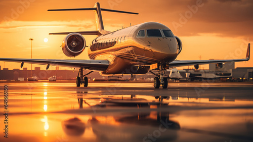 photograph of Luxury private vip business jet macro lens sunset lighting