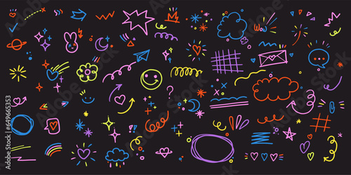 Doodle cute glitter pen line elements. Naive groovy Fun colorful Simple sketch line style emphasis, attention, Heart, arrow, star, underline, speech balloons, sparkle decoration symbol set icon.