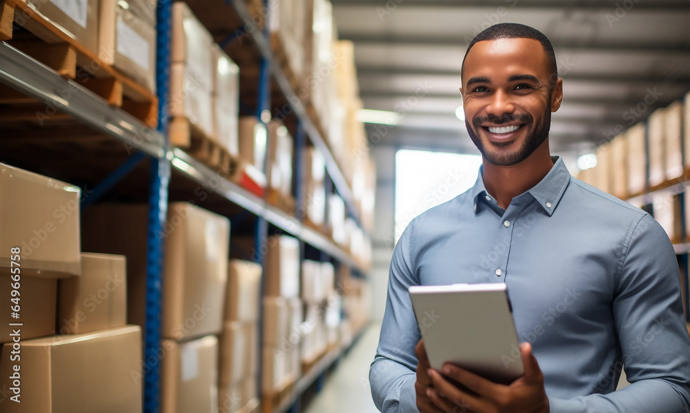Portrait of smiling distribution warehouse manager holding paper checklist