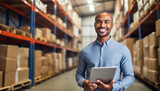 Portrait of smiling distribution warehouse manager holding paper checklist