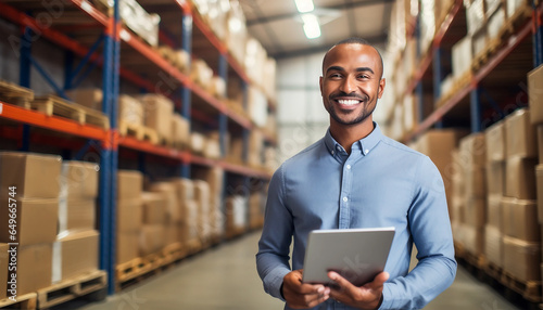 Portrait of smiling distribution warehouse manager holding paper checklist