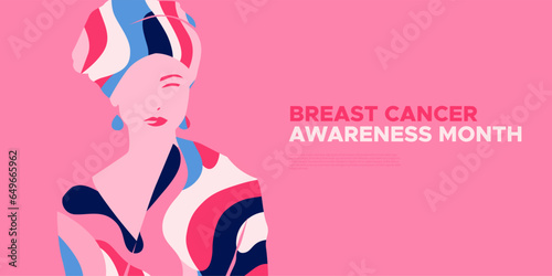 Breast cancer awareness month illustration of pink woman survivor with abstract texture decoration and copy space for web template banner. Female health care campaign design concept.