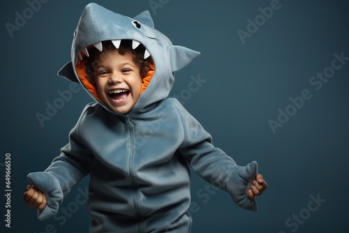 Cute little boy in a shark costume against blue background. photo