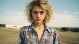 Natural youthful blonde beauty with 80's curly hairspray hairstyle, girl next door look, adorably flirty model, rural countryside flair with flannel button shirt and jeans.