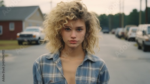 Natural youthful blonde beauty with 80's curly hairspray hairstyle, girl next door look, adorably flirty model, rural countryside flair with flannel button shirt and jeans.