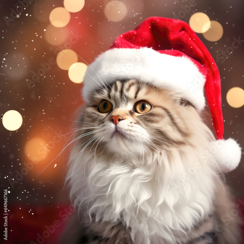 Cute cat wearing a Santa Claus hat on a Christmas background.