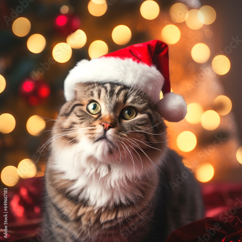 Postcard cat in a Santa Claus hat on a bokeh background.
