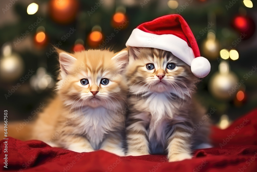 Two cute little kittens in a New Year's hat on the background of a Christmas tree. Two cute little kittens in a New Year's hat on the background of a Christmas tree.