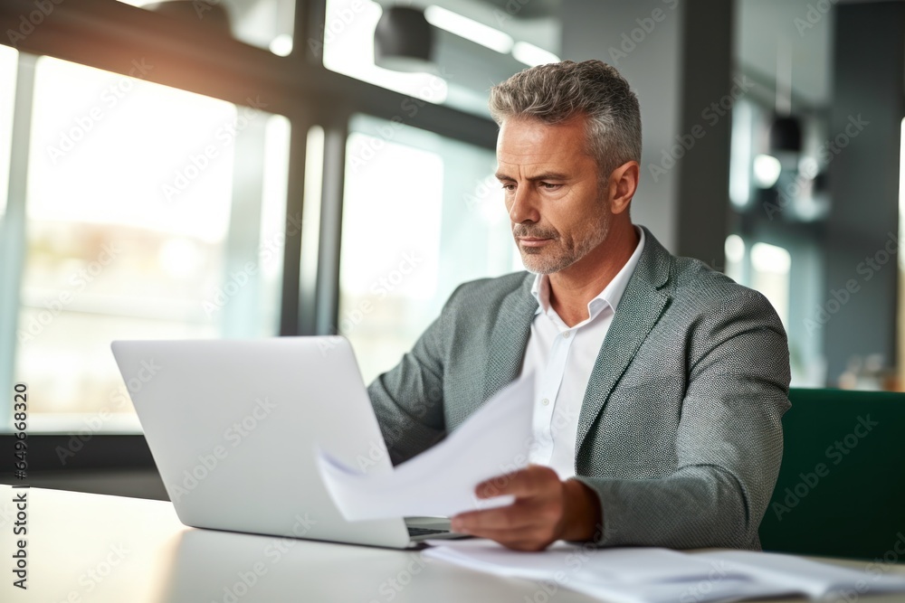 a busy, mature male executive, holding documents and working on a laptop, while attentively viewing his computer screen at his office desk a busy, mature male executive, holding documents and working on a laptop, while attentively viewing his computer screen at his office desk