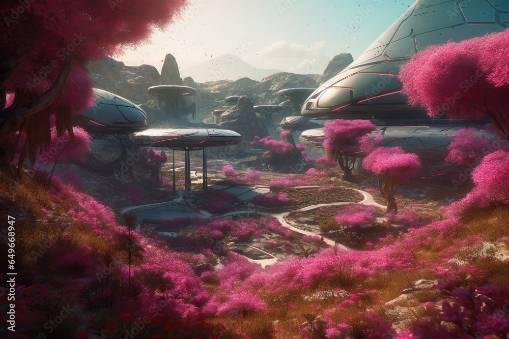 Beautiful alien futuristic nature pink flowers world,  concept of human settlement, Space expansion, space colonization, AI Generative - obrazy, fototapety, plakaty 