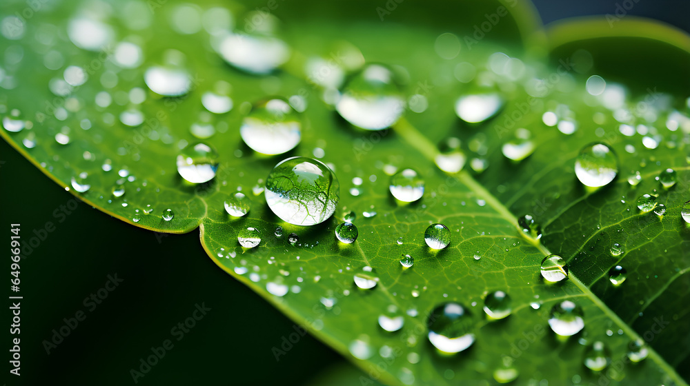 raindrops on fresh green leaves Macro shot in sunlight